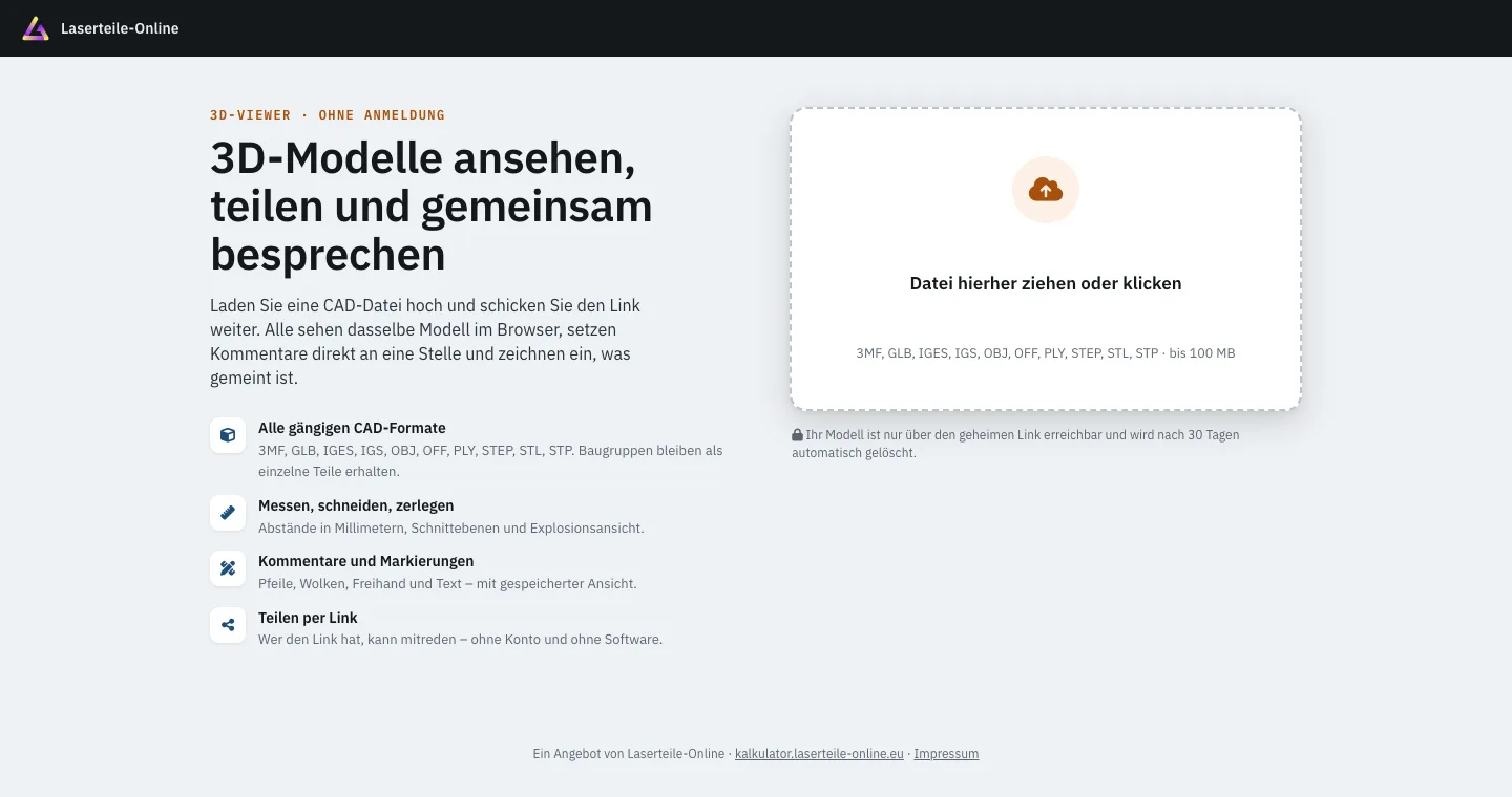 Startseite des kostenlosen 3D-Viewers von Laserteile Online: Upload-Feld für STEP, IGES, STL, OBJ, PLY, 3MF, OFF und GLB bis 100 MB, daneben die Funktionen Messen, Schneiden, Kommentieren und Teilen per Link