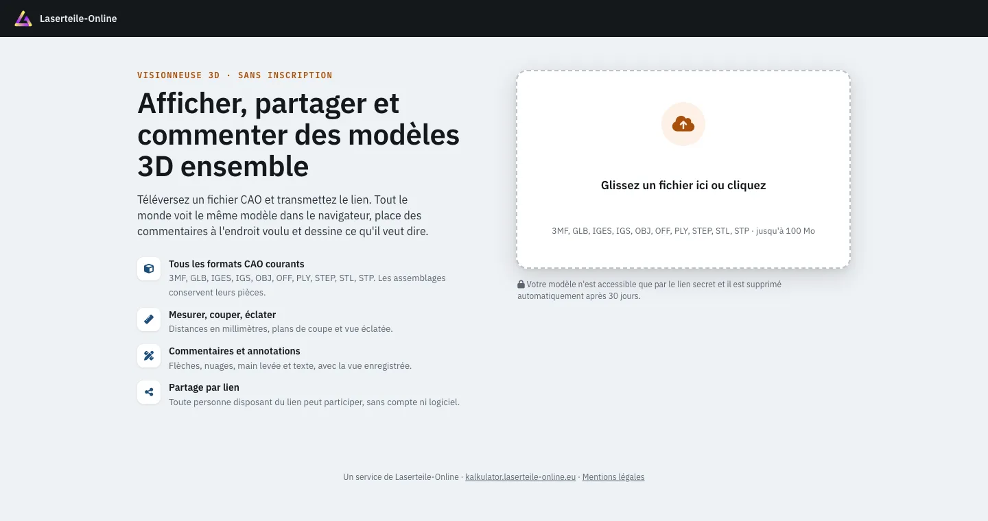 Page d'accueil de la visionneuse 3D gratuite de Laserteile Online : zone de téléversement pour STEP, IGES, STL, OBJ, PLY, 3MF, OFF et GLB jusqu'à 100 Mo, à côté les fonctions mesurer, couper, commenter et partager par lien