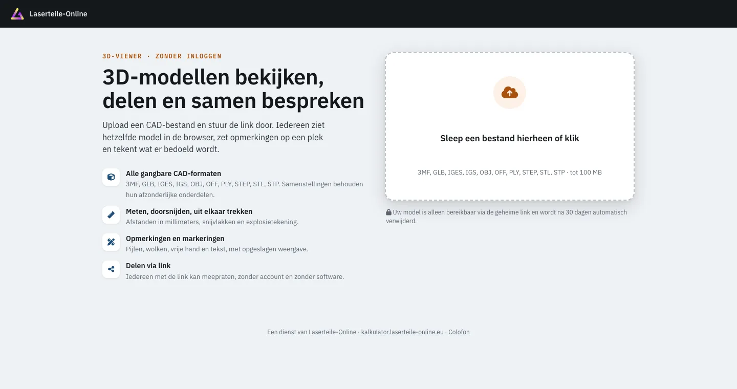 Startpagina van de gratis 3D-viewer van Laserteile Online: uploadveld voor STEP, IGES, STL, OBJ, PLY, 3MF, OFF en GLB tot 100 MB, ernaast de functies meten, doorsnijden, opmerkingen plaatsen en delen via een link