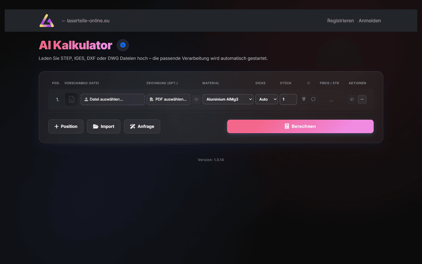 Screenshot des Sofortpreis-Kalkulators von Laserteile Online: Upload-Zeile für die CAD-Datei mit Auswahl von Material (Aluminium AlMg3), Dicke und Stückzahl sowie Berechnen-Button für den Preis pro Stück