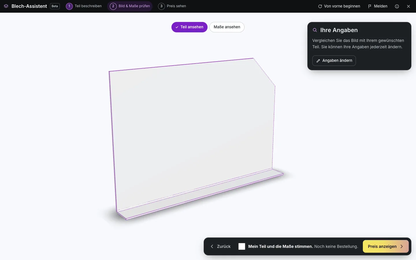 Server-Vorschau des gezeichneten Blechteils als 3D-Modell vor der Preisberechnung