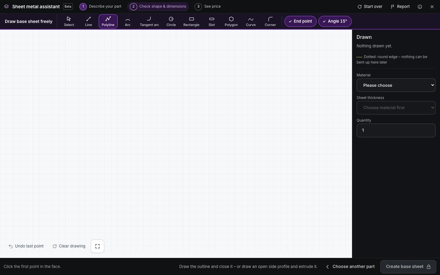 Empty drawing sheet with grid and toolbar in the draw-the-base-sheet mode