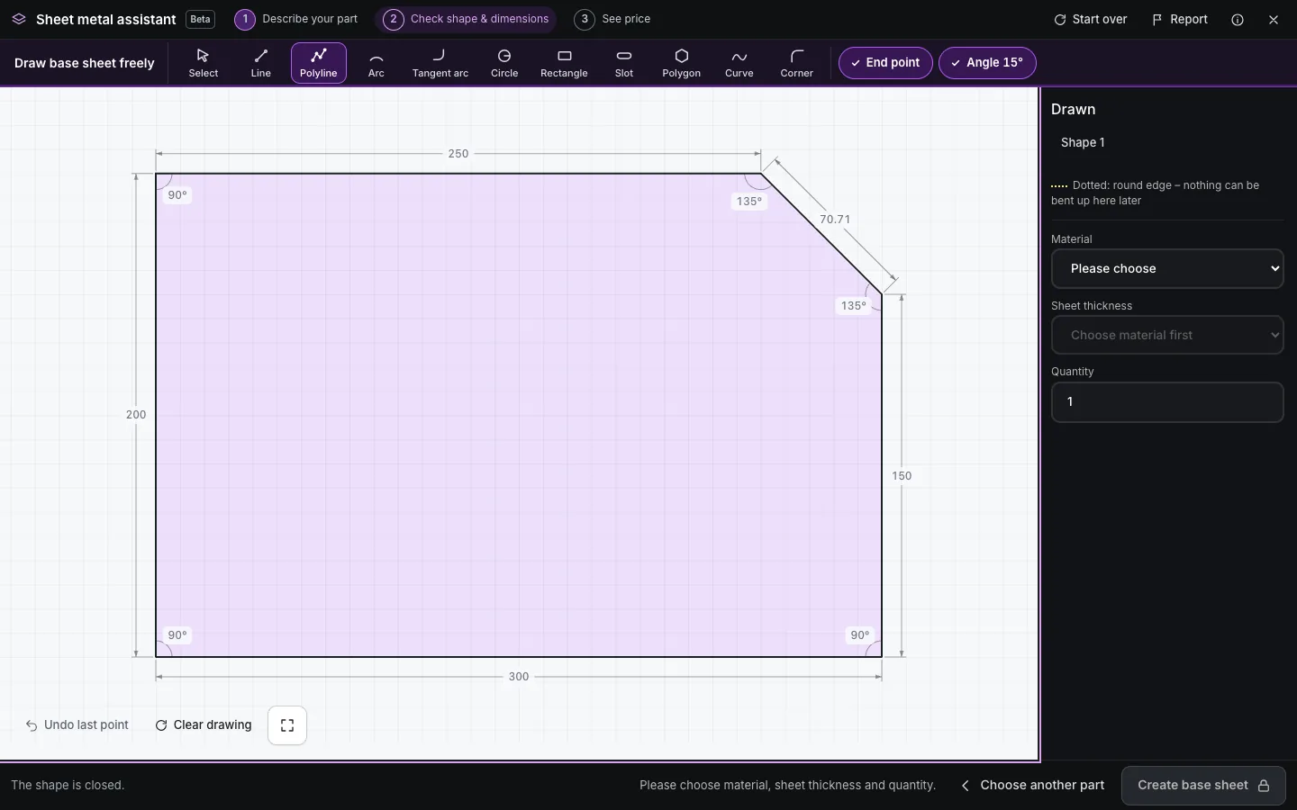 Closed outline of a mounting plate with edge lengths and inside angles at every corner