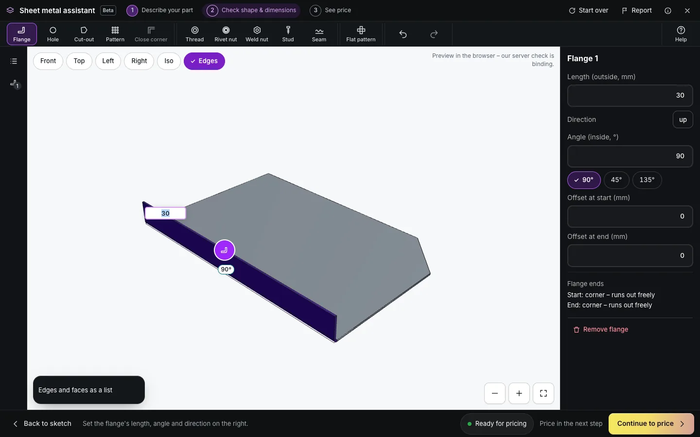 Sheet metal assistant editor with a 3D model of the mounting plate, a flange added and the flange properties