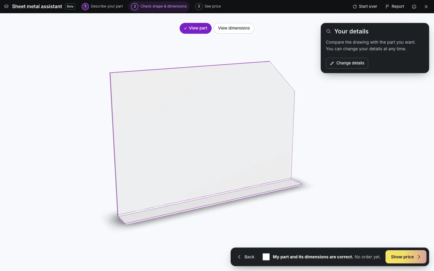 Server preview of the drawn sheet metal part as a 3D model before pricing