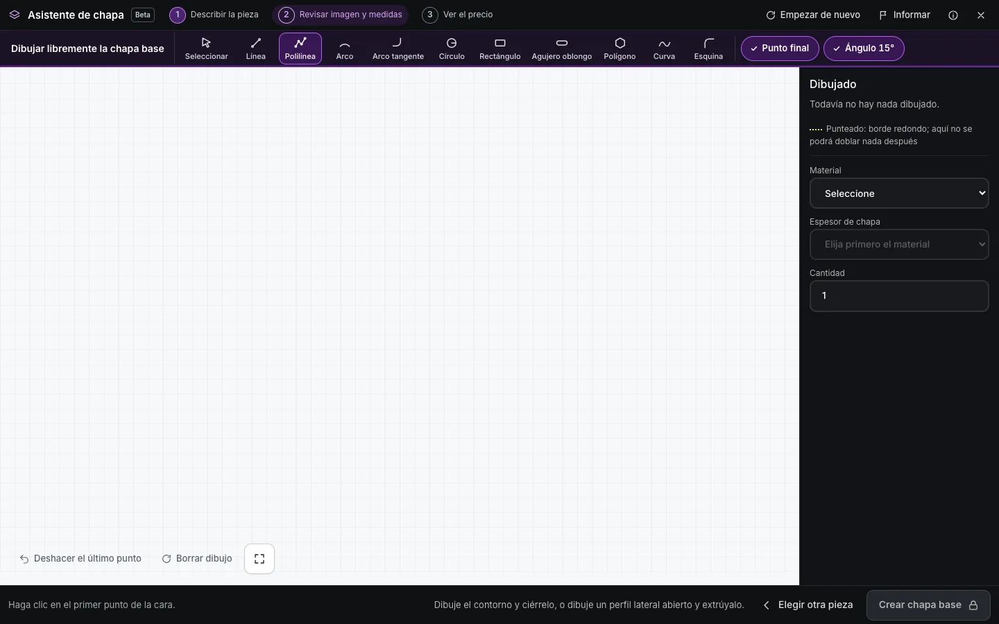 Hoja de dibujo vacía con cuadrícula y barra de herramientas en el modo dibujar libremente la chapa base