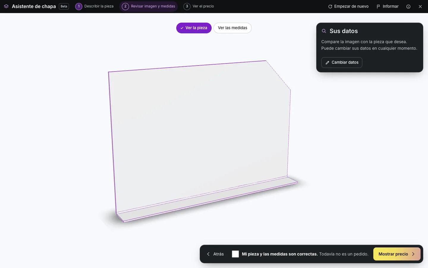 Vista previa del servidor de la pieza de chapa dibujada como modelo 3D antes del cálculo del precio