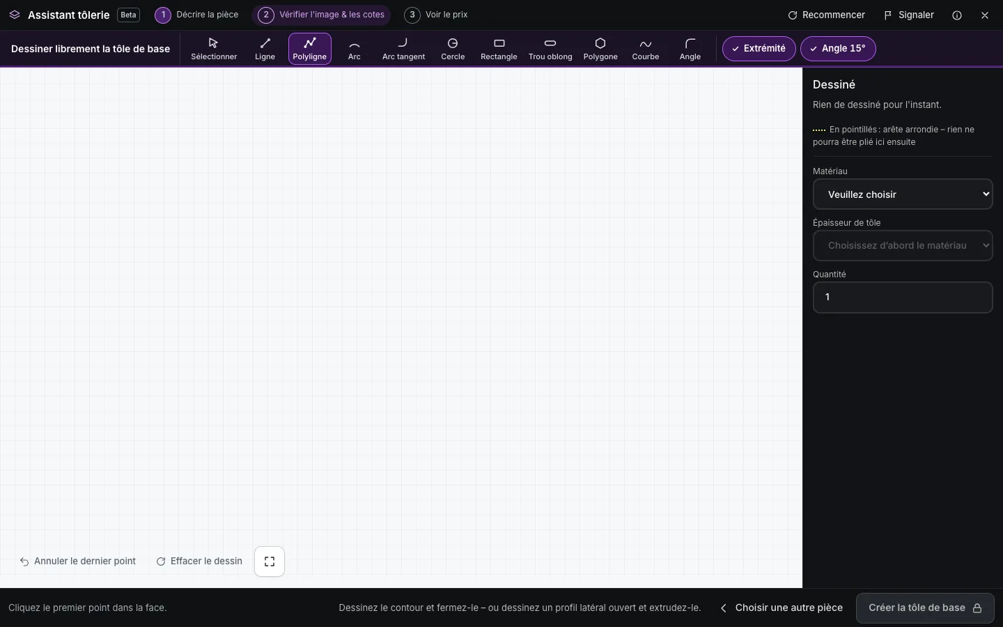 Feuille de dessin vierge avec grille et barre d’outils en mode dessin libre de la tôle de base