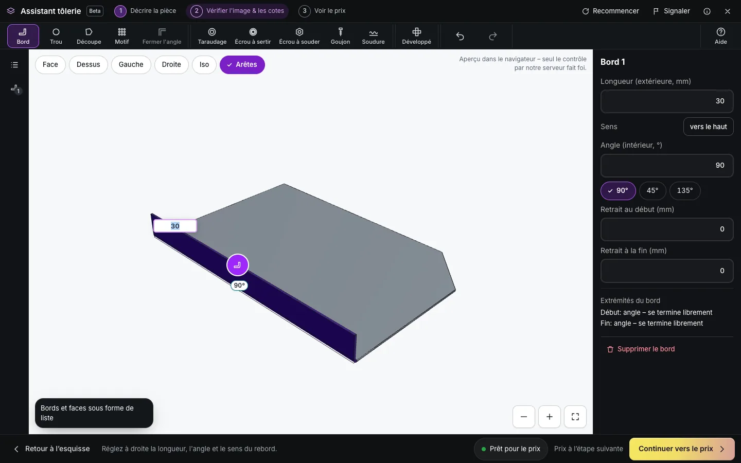 Éditeur de l’assistant tôlerie avec le modèle 3D de la platine, un bord plié ajouté et ses propriétés