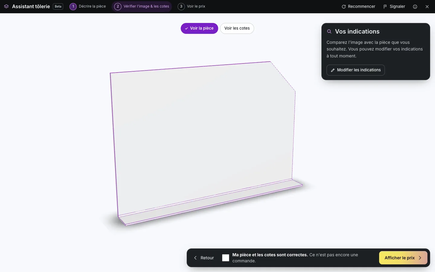 Aperçu serveur de la pièce en tôle dessinée en modèle 3D avant le calcul du prix