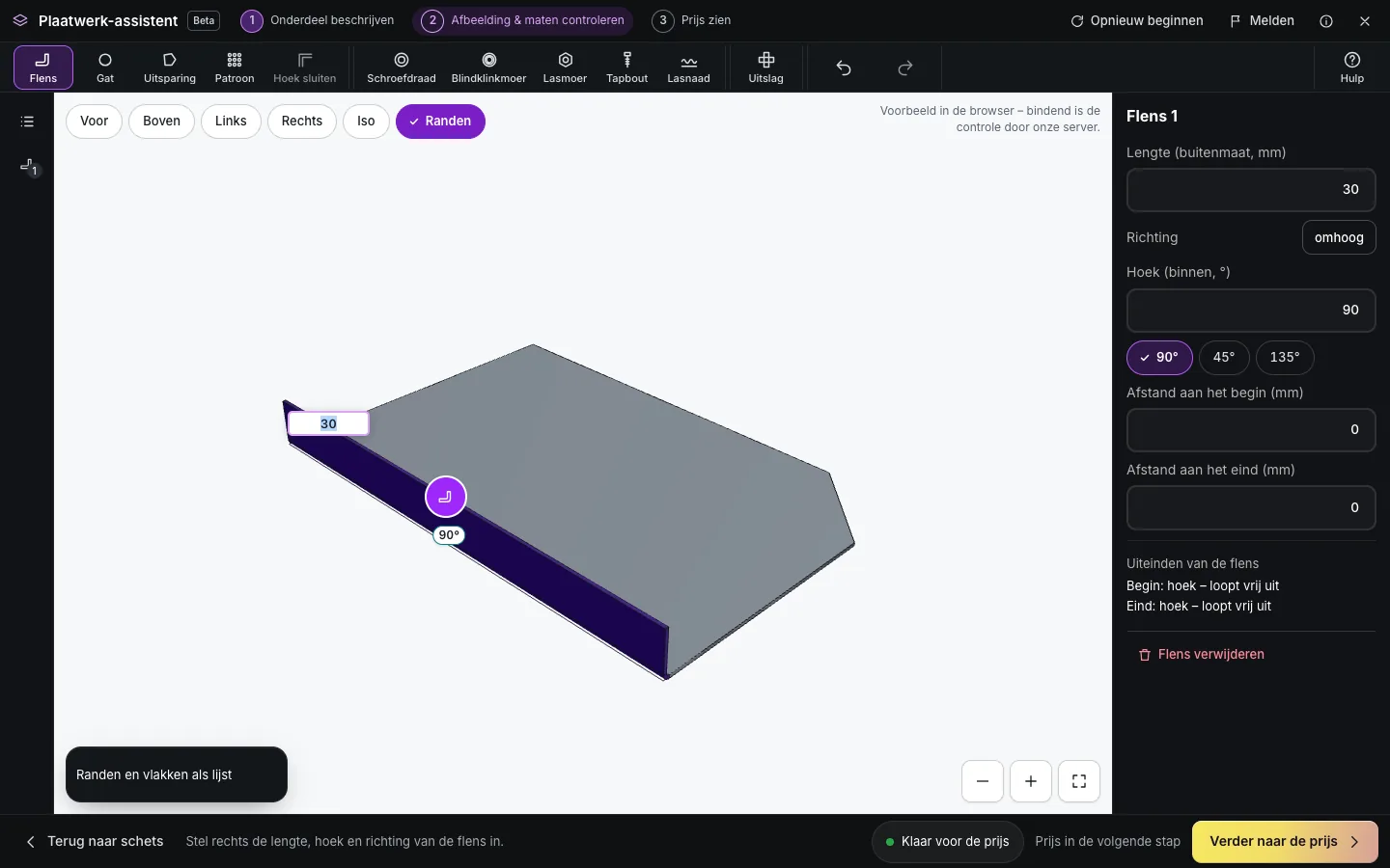 Editor van de plaatwerk-assistent met 3D-model van de montageplaat, een toegevoegde flens en de eigenschappen ervan