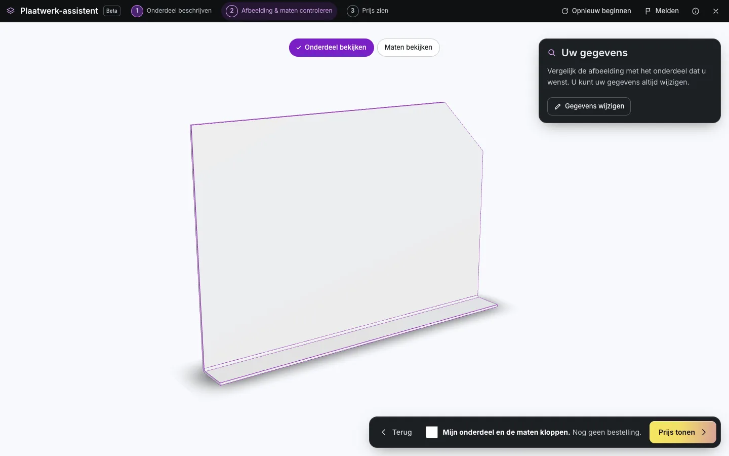 Servervoorbeeld van het getekende plaatwerkdeel als 3D-model vóór de prijsberekening
