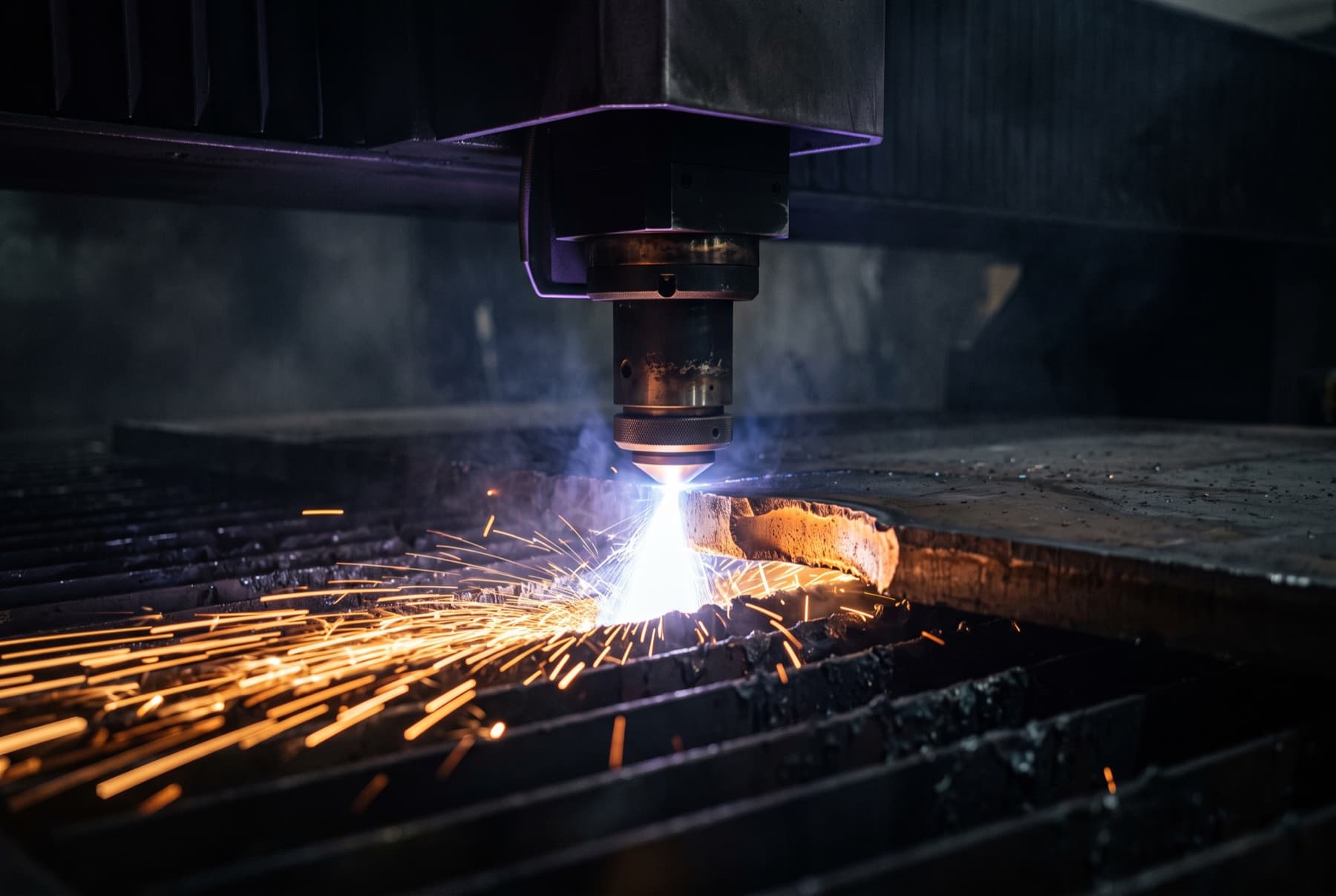 Représentation photoréaliste d’un procédé de découpe laser : le faisceau laser découpe un contour dans une tôle métallique dans une gerbe d’étincelles