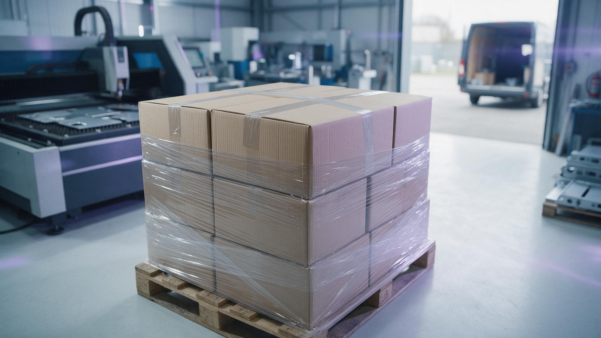 Pallet with a shrink-wrapped stack of parcels in a sheet-metal workshop, with a fiber laser and a delivery van at the loading dock in the background